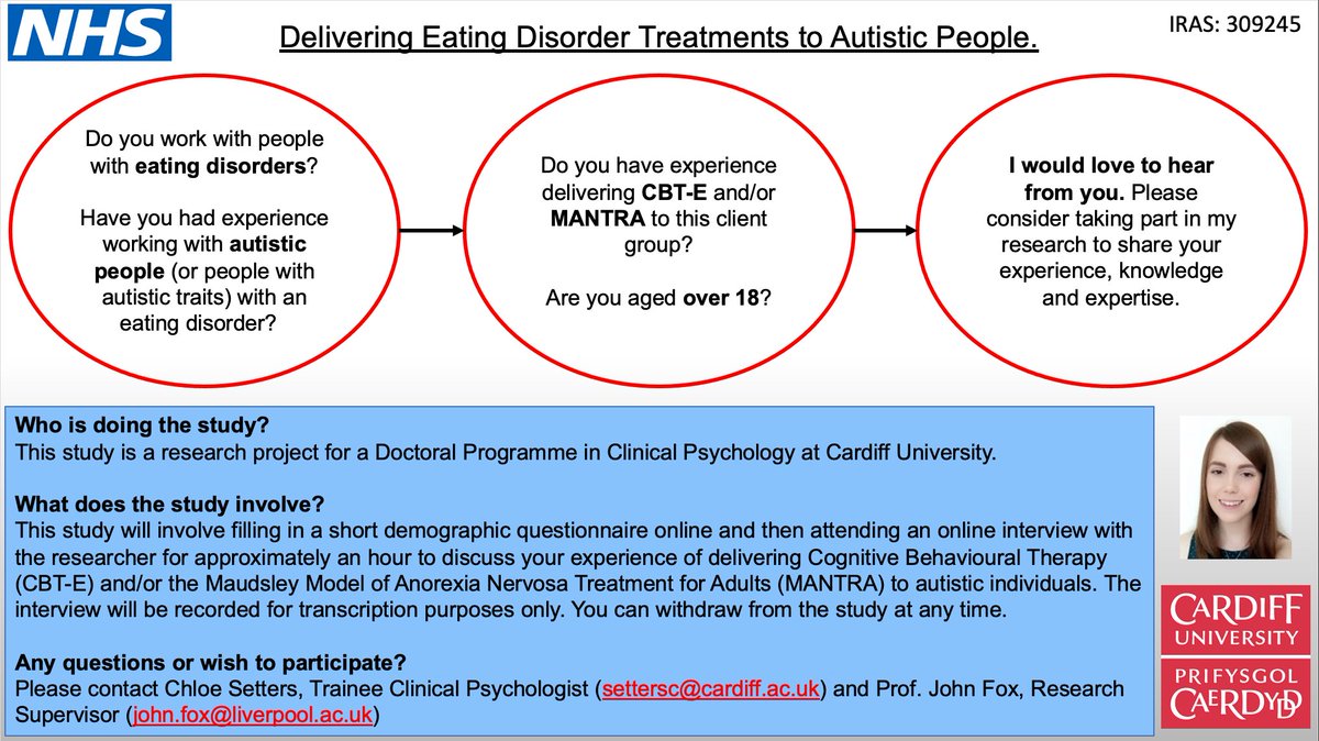 Chloe Setters (@setters_chloe) on Twitter photo Recruitment is still open for healthcare professionals who have experience of delivering CBT-E and/or MANTRA to autistic individuals with an eating disorder. I would love to hear from you! #Autism #autismresearch #eatingdisorders #CBT #MANTRA
<a href="/cardiffuni/">Cardiff University</a> Recruitment is still open for healthcare professionals who have experience of delivering CBT-E and/or MANTRA to autistic individuals with an eating disorder. I would love to hear from you! #Autism #autismresearch #eatingdisorders #CBT #MANTRA
<a href="/cardiffuni/">Cardiff University</a>