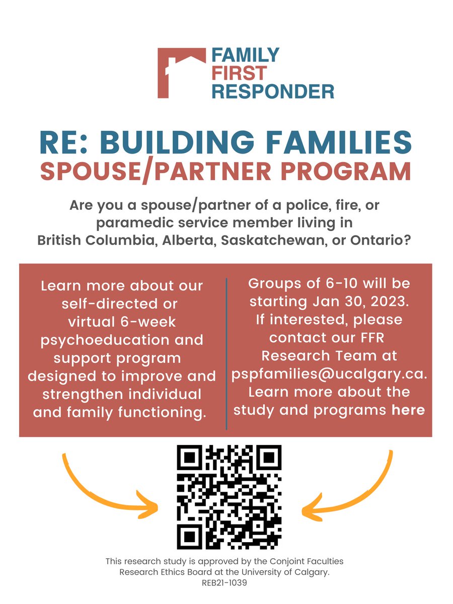 Are you a spouse/partner of a police, fire, or paramedic member? Re: Building Families groups starting in AB and BC the week of Jan 30. Evening and mid-day groups; 24 spots available! See QR code below or click link to signup: familyfirstresponder.ca/signup/ <a href="/wayfoundmhg/">Wayfound Mental Health Group</a> <a href="/CIPSRT_ICRTSP/">CIPSRT</a>