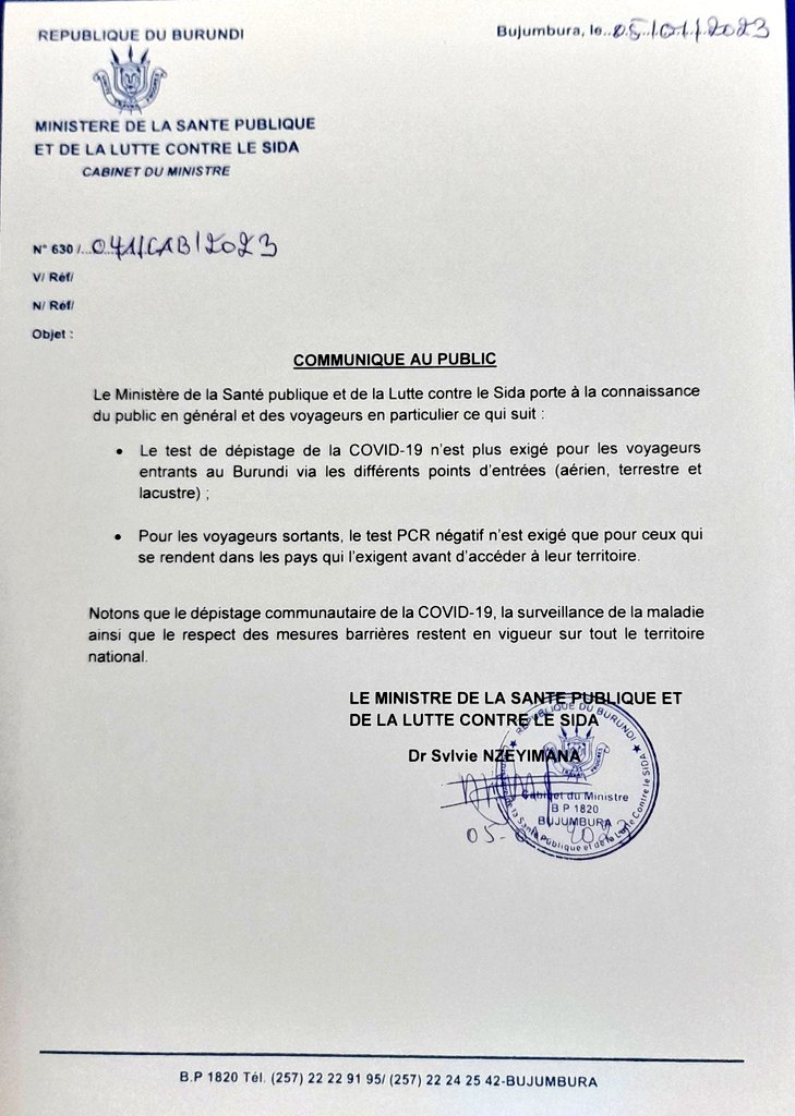 msp_burundi's tweet photo. Le @mspls_bdi vient de sortir ce 05.1.2023 un #communiqué indiquant que le test de dépistage #COVID19 n'est plus exigé pour les voyageurs entrant au #Burundi via les différents points d'entrée (aérien, terrestre et lacustre). https://t.co/2TIip65l5C