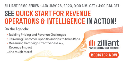zilliant's tweet image. Join us on Thursday, January 26, to see a demo of Zilliant Quick Start for Revenue Operations &amp;amp; Intelligence and learn how to deliver customer-specific actions to sales reps in as few as 3 weeks. Register now: bigmarker.com/zilliant1/Zill…

#b2b #sales #revenueintelligence