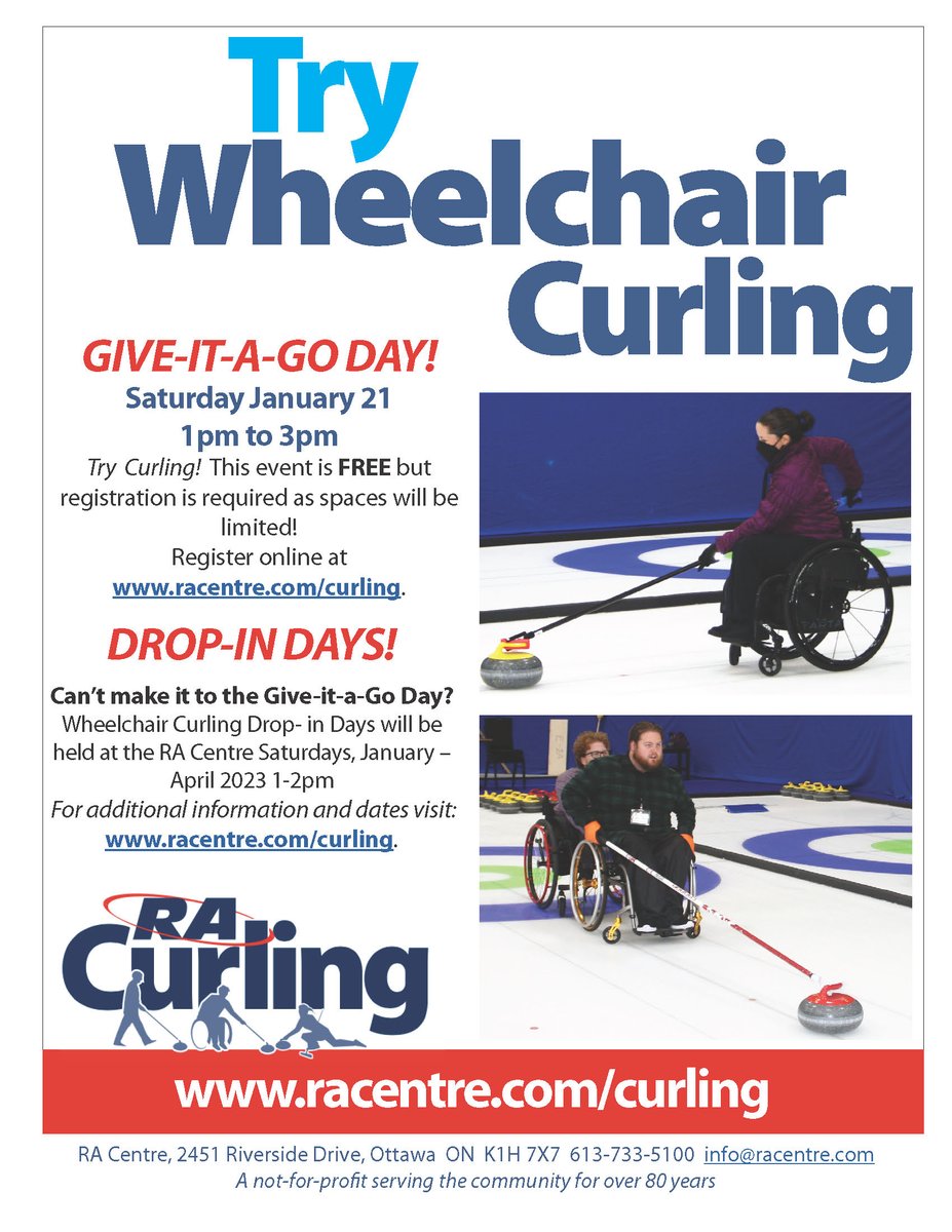 OVCAcurls's tweet photo. 📣🥌♿
The RA Centre is hosting another Try Wheelchair Curling event on January 21 from 1PM to 3PM EST.
Space is limited so we recommend you register ahead of time. Register for FREE at https://t.co/XvNVsmDTQ9.
#trycurling #ottawacurls #613local https://t.co/2DQ1DHbzia