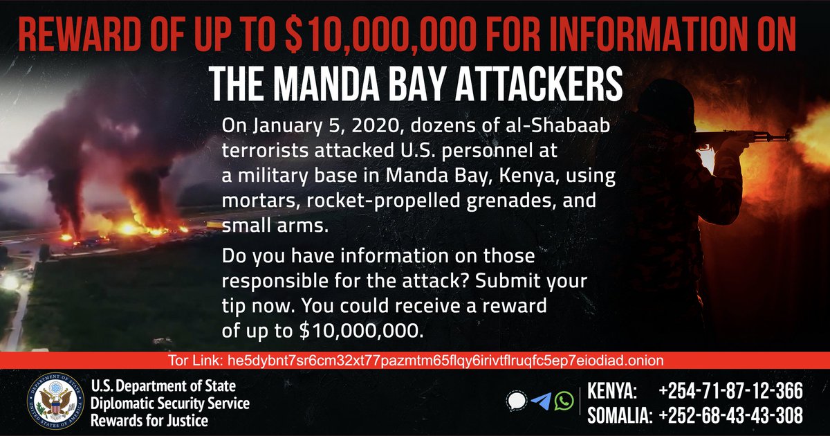 jseldin's tweet photo. NEW: US offering up to $10 million for information on Maalim Ayman, a leader of #alShabaab's Jaysh Ayman unit, & others involved on the attack on #MandaBay #Kenya that killed 3 Americans & wounded 3 more
Notice from @RFJ_USA comes on the 3rd anniversary of the attack https://t.co/VvXfsYwNSF