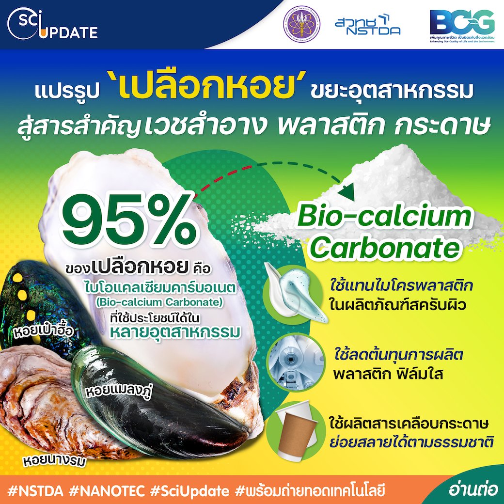 nstdathailand's tweet photo. รู้หรือไม่ว่า 95% ของ #เปลือกหอย มีสารแคลเซียมคาร์บอเนต ที่นำไปใช้ประโยชน์ได้ในหลายอุตสาหกรรม
เช่นสารสำคัญในเวชสำอาง พลาสติก กระดาษ
อ่านต่อ > https://t.co/HzybxUwc9l
#NSTDA #NRCT #NANOTEC #SciUpdate #BioCalciumCarbonate https://t.co/v3j2yb3D4I