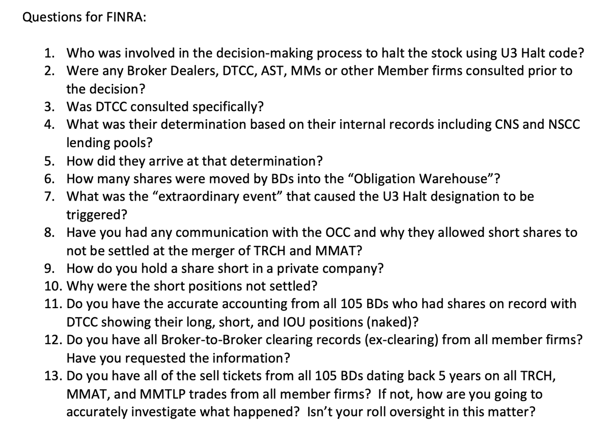 Questions I have sent to <a href="/FINRA/">FINRA</a> (Yvonne.huber@finra.org) and will continue to do so on $MMTLP until they respond

<a href="/SusanneTrimbath/">Susanne Trimbath PhD</a> 
<a href="/HAMShortkiller/">HAM</a> 
<a href="/cvpayne/">Charles V Payne</a>