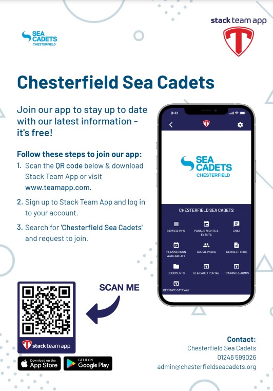 ** PARENTS - GUARDIANS - CADETS - STAFF **

Don't forget to download and use the Chesterfield Sea Cadet App to keep in the loop with what's happening at the Unit with all the latest info on parade nights, courses and events and to chat directly with the staff. 

 #TeamDanae
