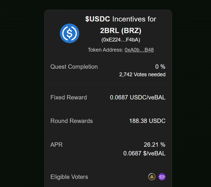 Jarvis_Network's tweet photo. Our first @Paladin_vote quest...
We need 2,742 votes for the #2brl gauge! And we pay in $USDC!
$veBAL and $vlAURA holders are eligible for this bribe. https://t.co/uA0djjzLtI