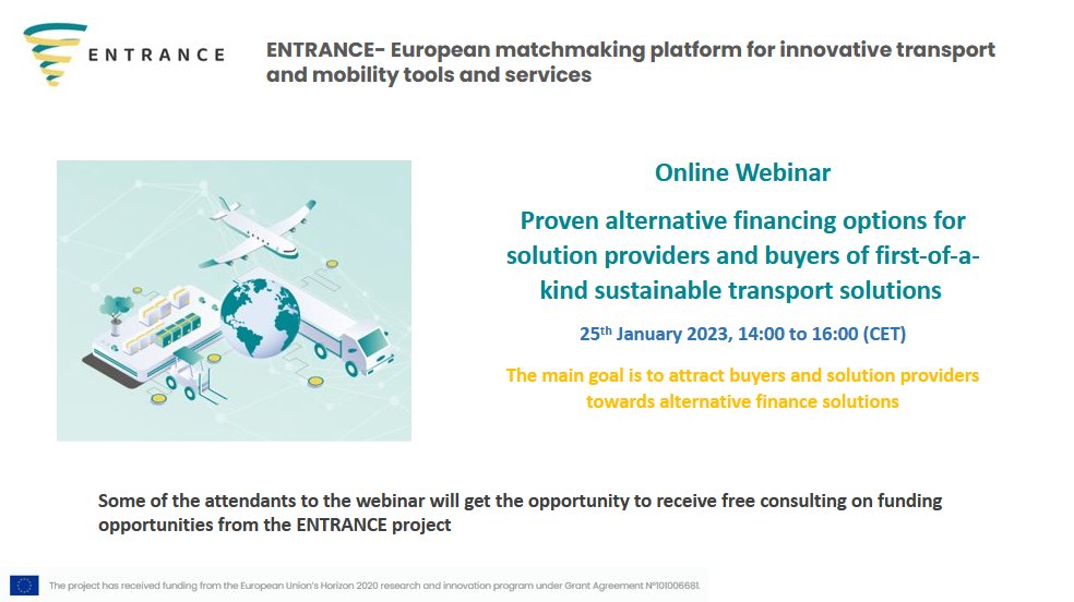 ❗FREE webinar:“Proven alternative financing options for solution providers and buyers of first-of-a-kind sustainable transport solutions”.   

Focusing on trying new methods to access funds and financing.
📅25 Jan, 14:00–16:00 (CET)  

REGISTER NOW: ⤵️  
bit.ly/3gQ5O0E