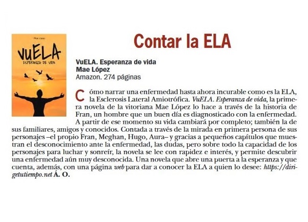 ☘️ En el último número del suplemento cultural #Pérgola encontramos la reseña de "vuELA. Esperanza de vida", una #novela sobre la #ELA que promete elevar al lector a un vuelo de emociones.
¿Lo leerás?
#vuela_esperanzadevida #novelas #maelopez 
#suplementocultural #bilbao #reseñas