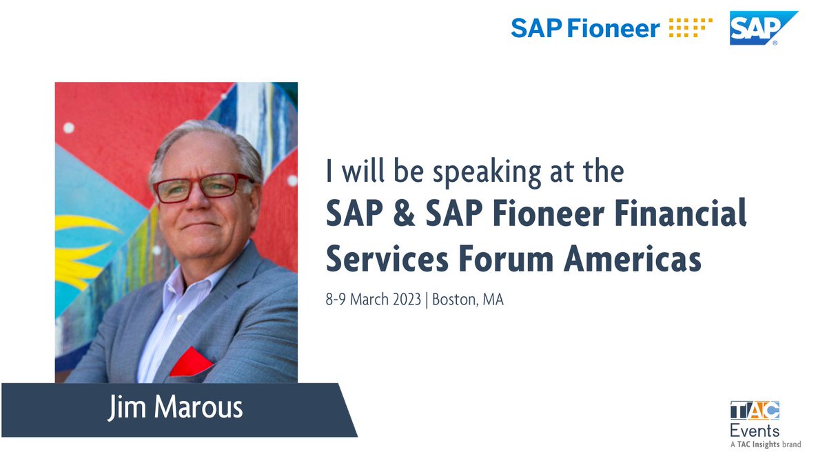 JimMarous's tweet photo. I’m keynoting the @sapbanking, @sapinsurance and @sapfioneer Financial Services Forum Americas in Boston on March 8, organized by @taceventsworld.
I’m addressing disruptions and innovation in FSI.
Looking forward to seeing many of you there!
https://t.co/qft77PyiNQ
#SAPFSI https://t.co/cr45y0fRET