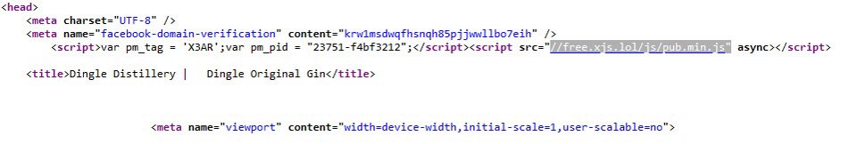 Fixer40000's tweet photo. @DingleWhiskey looks like your Wordpress website is compromised, it’s linking to a malware script https://t.co/JRzP6mfAx3