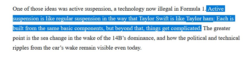 In high school, I wrote an argument in favor of active suspension in a class taught by a guy who didn't know anything about cars. 

<a href="/ThatSamSmith/">Sam Smith</a> conveys in a few words what I couldn't in five pages, though the TS reference would have been tough in 1994:

t.ly/j7yg