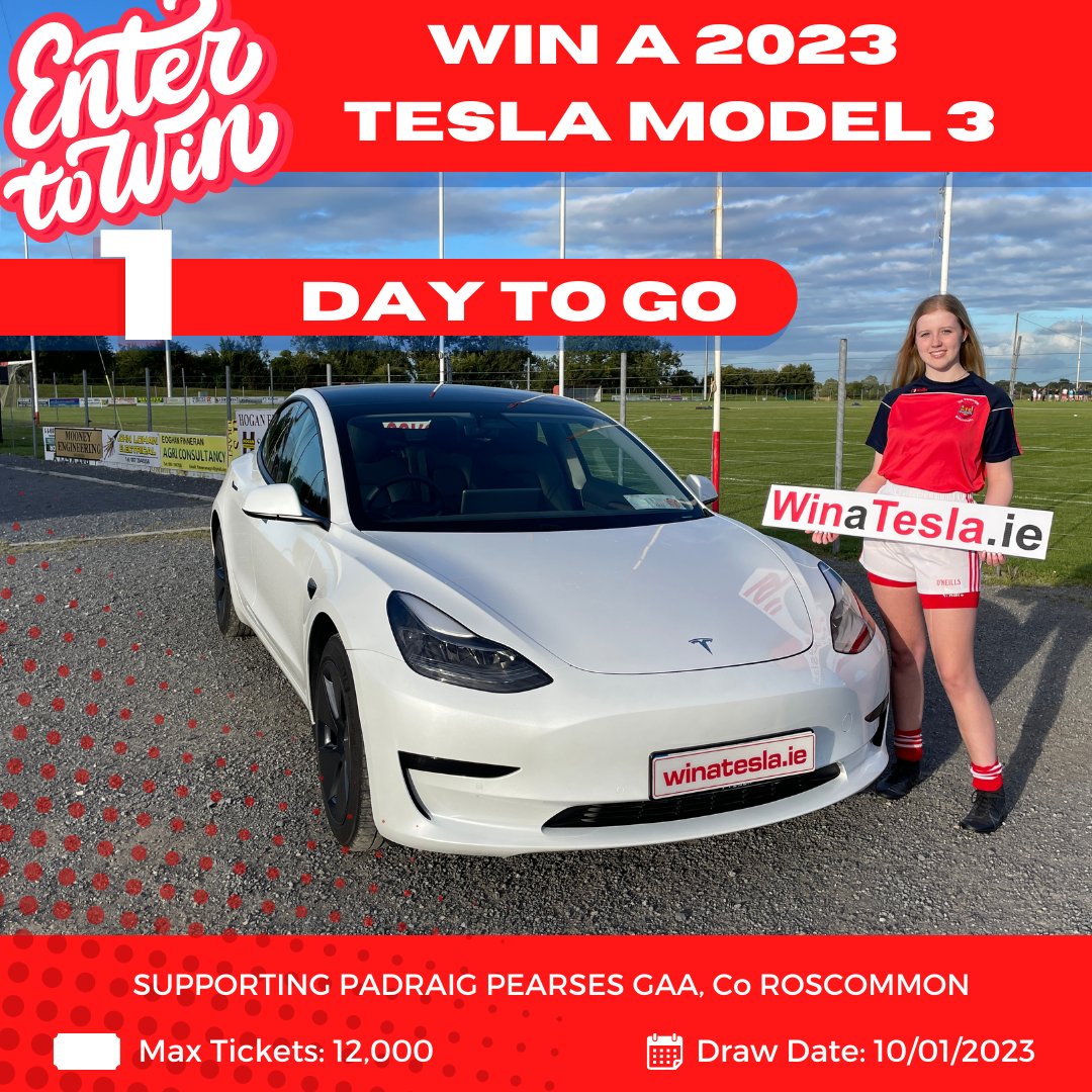 There's just 1 more day until our <a href="/propearses/">Pádraig Pearses GAA</a> GAA Club #WinATesla draw 🚗 Don't miss out on the chance to win a brand new Tesla Model 3 ➡ winatesla.ie