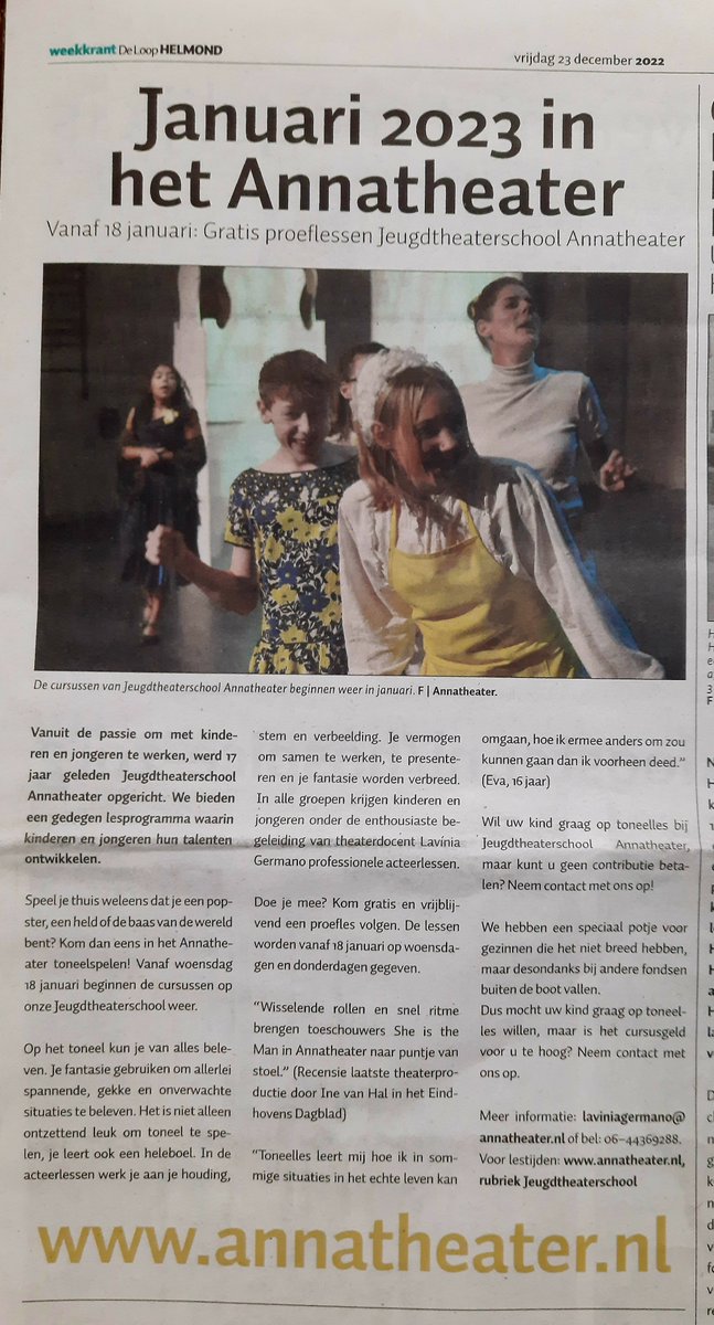 Annatheater (@annatheater) on Twitter photo Kom vanaf 18 januari een gratis proefles volgen op onze Jeugdtheaterschool.
#GRATIS #proefles #theater #toneel #acteren #toneelles #acteerles
#jeugdtheaterschool
Met dank aan <a href="/De_Loop/">Weekkrant De Loop Helmond</a> Kom vanaf 18 januari een gratis proefles volgen op onze Jeugdtheaterschool.
#GRATIS #proefles #theater #toneel #acteren #toneelles #acteerles
#jeugdtheaterschool
Met dank aan <a href="/De_Loop/">Weekkrant De Loop Helmond</a>