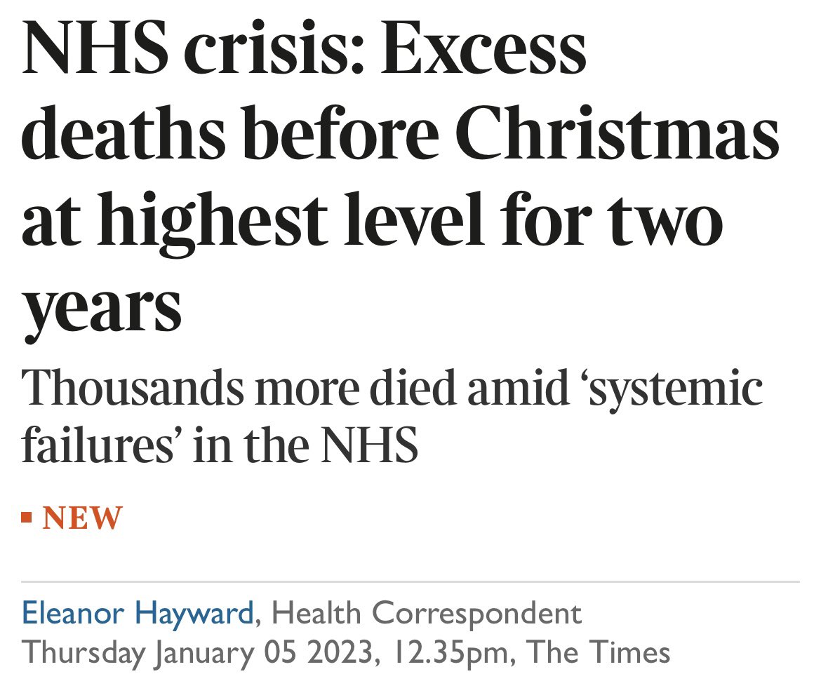 Pls don’t let the govt gaslight you into thinking it’s ‘normal’ for patients to be dying in their droves at home, in ambulances, in corridors, in cupboards. Excess deaths are 26% higher than usual. This isn’t normal, it’s grotesque.

A humanitarian crisis, yet Sunak does nothing.