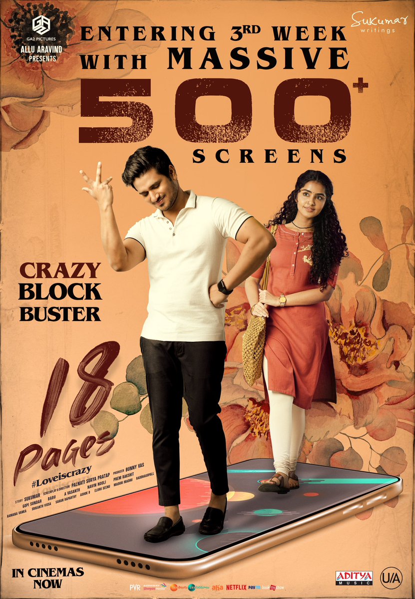 More shows being added in its 3rd Week!!! #18pages playing with a Massive 500+ Screen Count. ❤️ This Weekend, Don't miss this Heart Touching Film In Theaters. 🤩 @aryasukku @actor_Nikhil @anupamahere @dirsuryapratap @GopiSundarOffl #BunnyVas @idineshtej @adityamusic