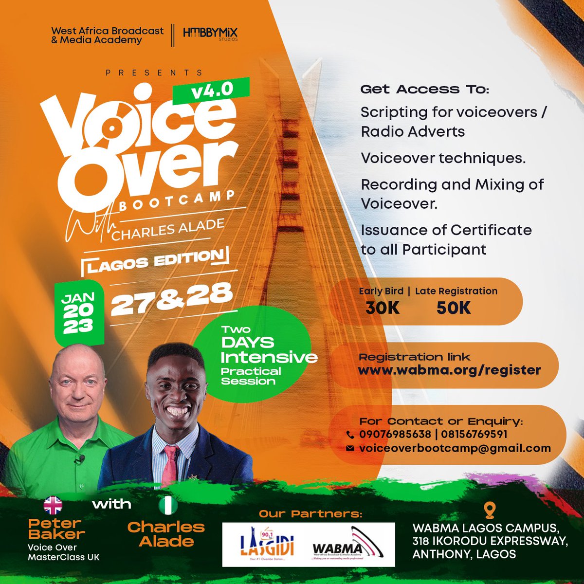hebbyboss's tweet photo. 2023 started BIG and Fast for Me!
West Africa Broadcast & Media Academy is joining force with us to launch the first edition of Voiceoverbootcamp in the year 2023! Lagos Braceup! #voiceover #voiceoverbootcamp #voiceactor https://t.co/1EMEhLErdL