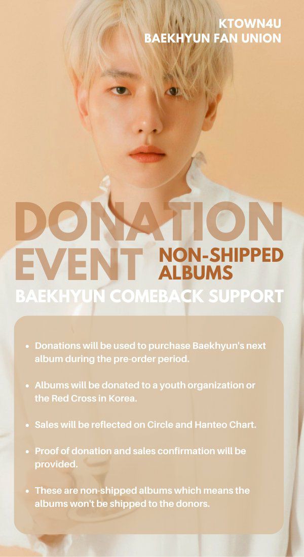 BBHGlobalUnion's tweet photo. [📣] Album Donation Event

To celebrate Baekhyun's discharge and start preparing for his next solo comeback we've opened a donation event in collaboration with @Ktown4u_com.

https://t.co/mElzmwkY16

For more details please check the poster below!

#백현 #BAEKHYUN @B_hundred_Hyun https://t.co/sXw1GYgzPC