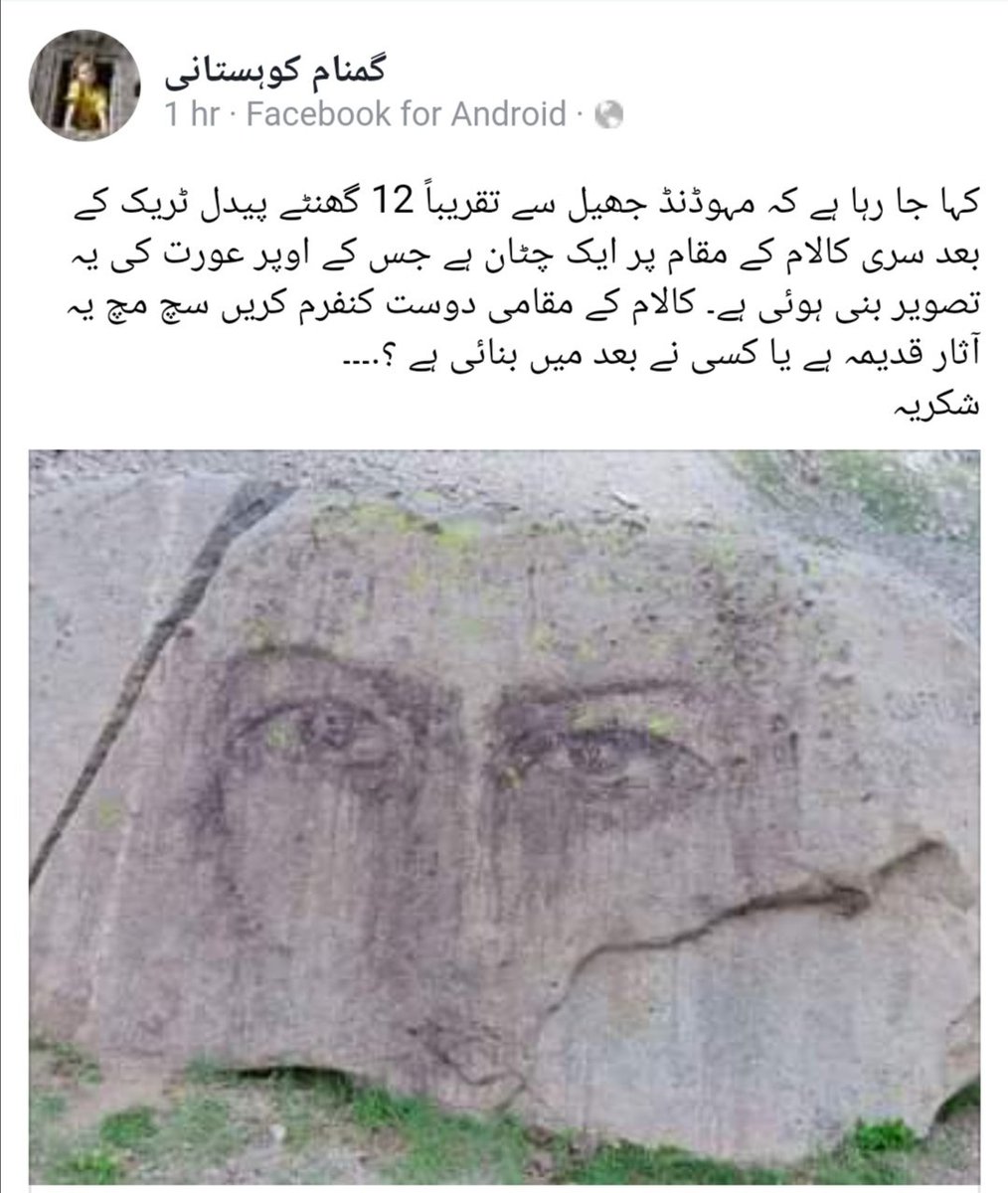 ShabDaraz's tweet photo. This spot comes in the way as you decend the Khukush Pass on Kalam side. We had camped here. A member of ours (exceptional artist) made this with acrylic colors on the rock and now people on Facebook are arguing if it's some ancient rock engraving lol.

#art #mountains #trekking https://t.co/1FrfbZ6xsV