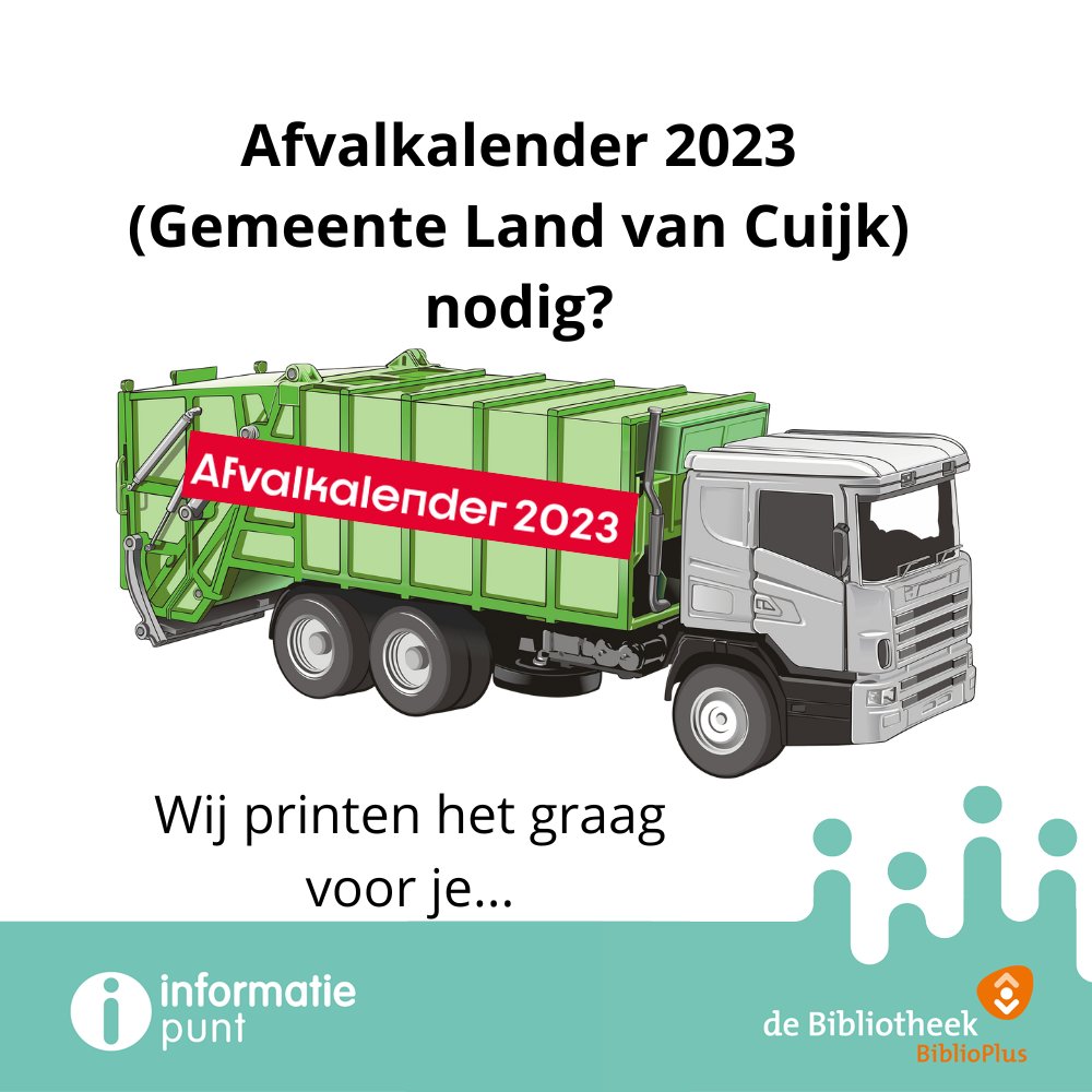 biblioplusje's tweet photo. De afvalkalender voor 2023 (Gemeente Land van Cuijk) is nu beschikbaar.

De afvalkalender is ook in 2023 alleen digitaal.

Kun je deze niet printen?

Je kunt ook terecht bij de Informatiepunten van Biblioplus. Wij helpen je graag. Ook als je geen lid bent van de bibliotheek. https://t.co/wJKy3LeE7Q