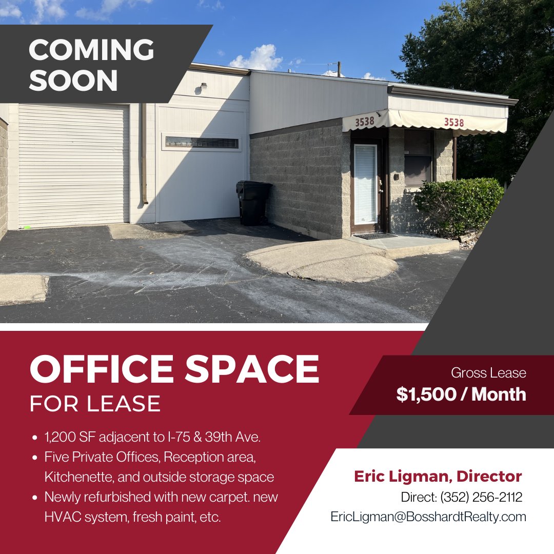 LigmanRealtor's tweet photo. COMING SOON TO MARKET! This well-maintained office space is adjacent to I-75 and 39th Ave and was recently refurbished.

#cre #commercialrealestate #officespace #sior #investor #gainesville #alachua #florida #forlease #realtor #flrealtor #gacar https://t.co/c27UbGWEqM
