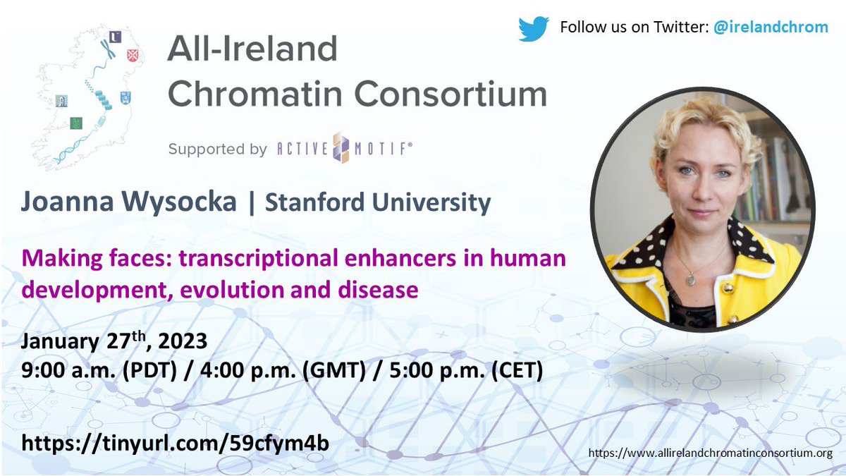 Eric Conway (@conwayer1) on Twitter photo Our next All Ireland Chromatin Consortium <a href="/irelandchrom/">All-Ireland Chromatin Consortium</a> <a href="/activemotif/">Active Motif</a> webinar is on January 27th. We are delighted to host Joanna Wysocka for her webinar ‘Making faces: transcriptional enhancers in human development, evolution and disease.’ Register here: tinyurl.com/59cfym4b Our next All Ireland Chromatin Consortium <a href="/irelandchrom/">All-Ireland Chromatin Consortium</a> <a href="/activemotif/">Active Motif</a> webinar is on January 27th. We are delighted to host Joanna Wysocka for her webinar ‘Making faces: transcriptional enhancers in human development, evolution and disease.’ Register here: tinyurl.com/59cfym4b