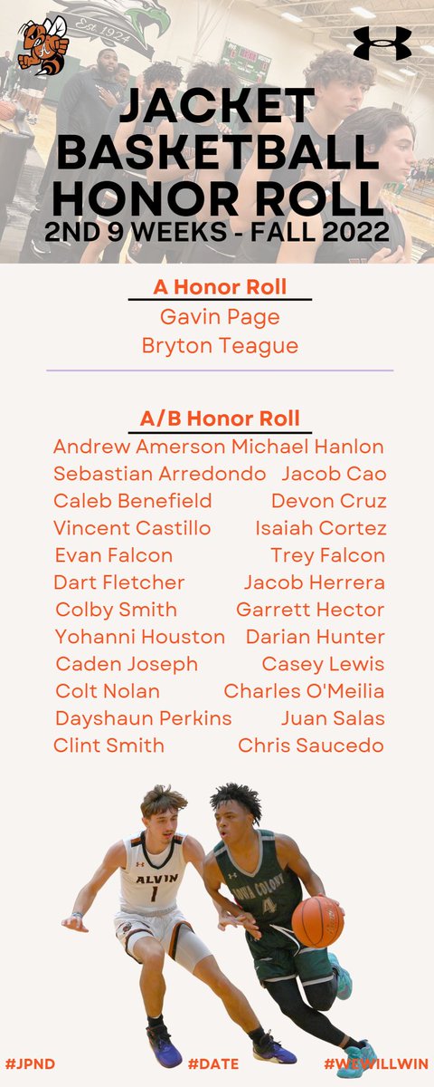 AlvinBoysHoops's tweet photo. Congratulations to our 26 players across all levels who made the Honor Roll for the 2nd Nine Weeks! Way to be a #StudentAthlete! #JPND #OURTIME https://t.co/hwNv6oyLby