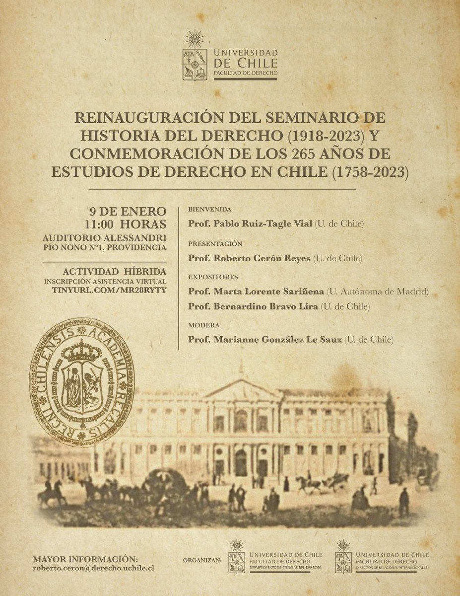 #Agenda | Reinauguración del Seminario de Historia del Derecho (1918-2023) y Conmemoración de los 265 años de estudios de Derecho en Chile

📅⌚Lunes 9 de enero a las 11:00 hrs. 

📍Auditorio Arturo Alessandri

💻Actividad híbrida

🔗Más detalles aquí👉uchile.cl/d200602