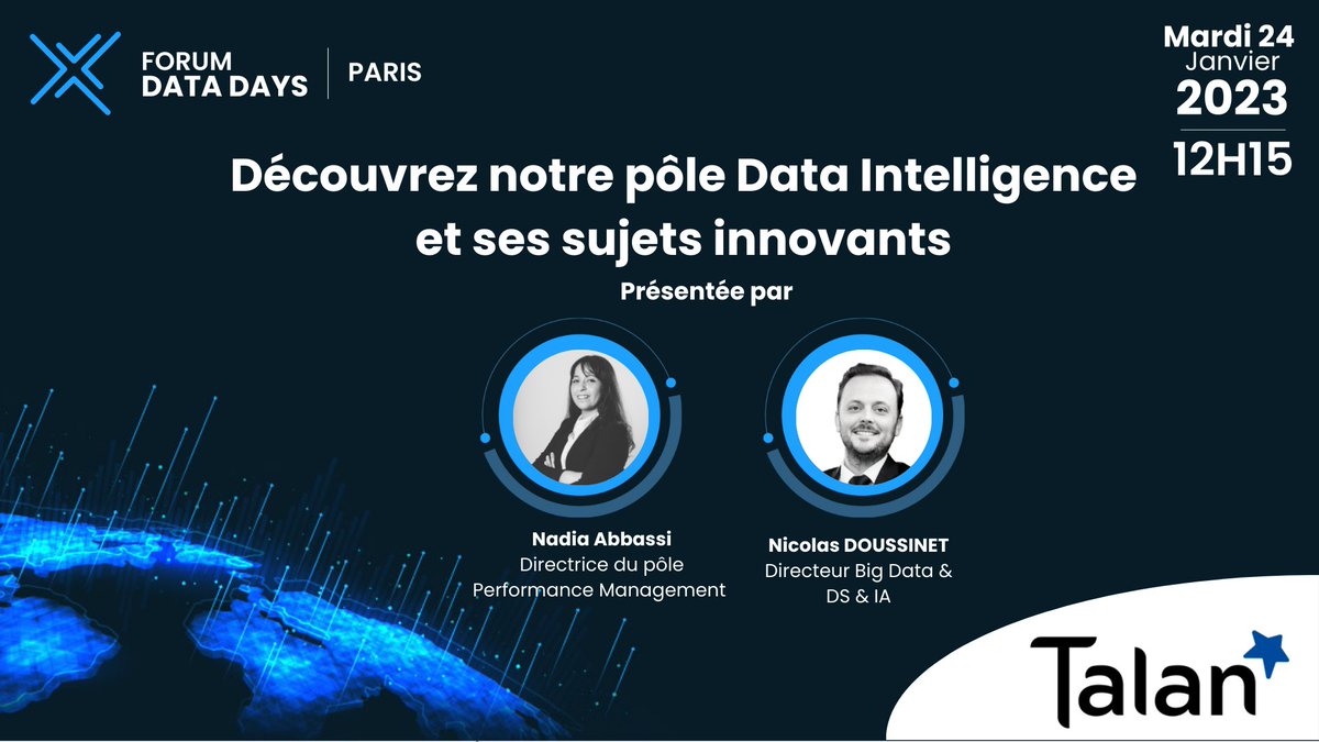 ForumDataDays's tweet image. Webinaire - Découvrez Talan en un coup d&apos;oeil et leur pôle Data Intelligence.
Le 24 Janvier 2023 - 12H15
Venez échanger avec Nadia Abbassi, Directrice du pôle performance et Nicolas Doussinet, Directeur du pôle BigData &amp;amp; DS &amp;amp; IA. 
Inscrivez-vous : 
hubs.la/Q01x43xJ0