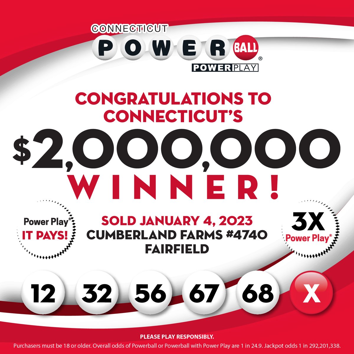 Congratulations to the Connecticut player who matched the first five numbers drawn in last night's Powerball drawing and won $2,000,000 on a winning ticket purchased at Cumberland Farms #4740, 1101 Post Rd., Fairfield! https://t.co/sip4J2JHW9