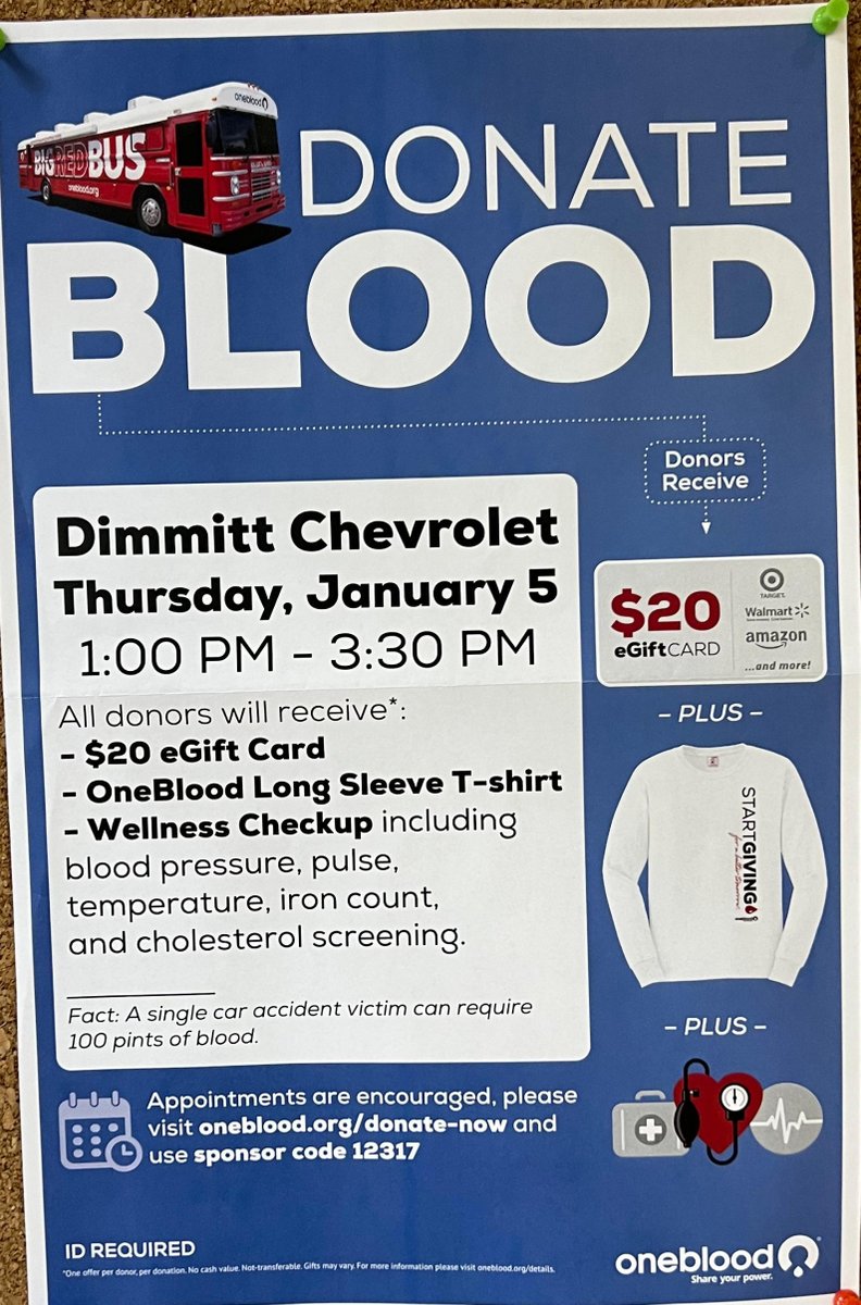 ❤️ 🩸 The #BigRedBus will be at #DimmittChevrolet this afternoon from 1pm-3:30pm. We welcome you to stop by and donate blood. #OneBlood