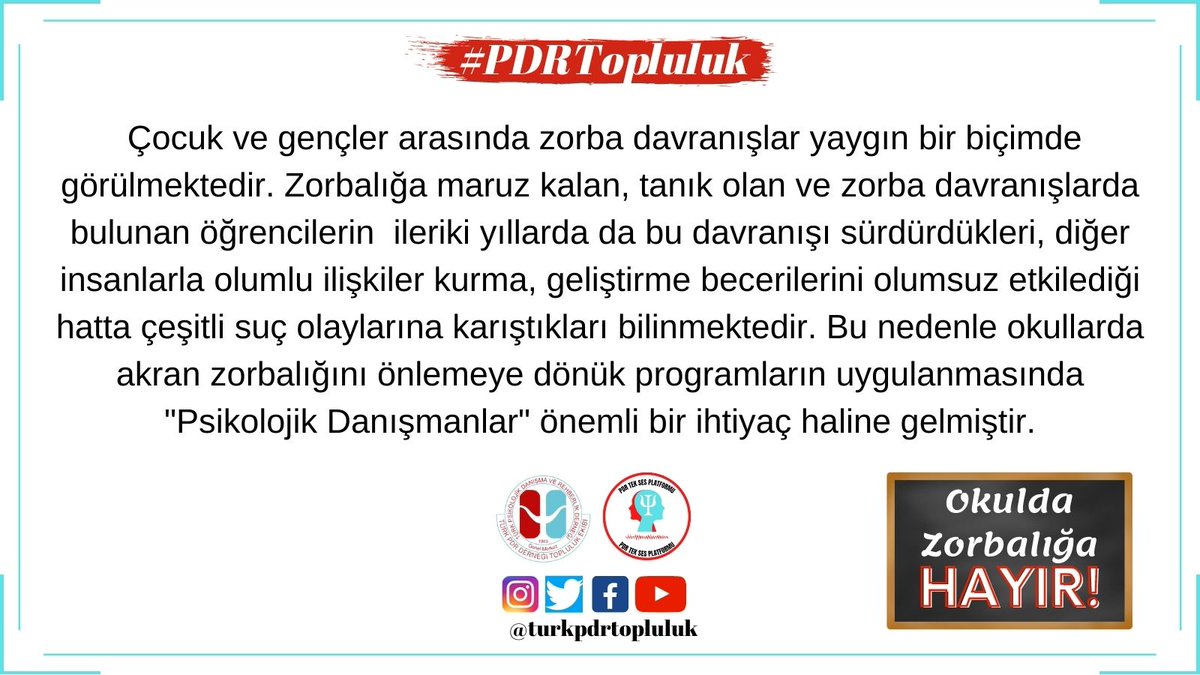 turkpdrtopluluk's tweet photo. Okullarda akran zorbalığını önlemeye dönük programların uygulanmasında "Psikolojik Danışmanlar" önemli bir ihtiyaçtır.
@RTErdogan
@tcmeb
@fehmirasimcelik
#ZorbaligaKarsiPdr https://t.co/dOYMv6PHNk