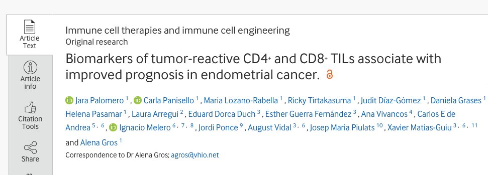 Vall d’Hebron Institute of Oncology (VHIO) (@vhio) on Twitter photo 🗞 Recently published in <a href="/jitcancer/">Journal for ImmunoTherapy of Cancer</a>! <a href="/alena_grosvidal/">Alena Gros</a> and Jara Palomero from VHIO report that "Biomarkers of tumor-reactive CD4+ and CD8+ TILs associate with improved prognosis in endometrial cancer”
➕ jitc.bmj.com/content/10/12/…
#CAIMI #AGAUR 🗞 Recently published in <a href="/jitcancer/">Journal for ImmunoTherapy of Cancer</a>! <a href="/alena_grosvidal/">Alena Gros</a> and Jara Palomero from VHIO report that "Biomarkers of tumor-reactive CD4+ and CD8+ TILs associate with improved prognosis in endometrial cancer”
➕ jitc.bmj.com/content/10/12/…
#CAIMI #AGAUR