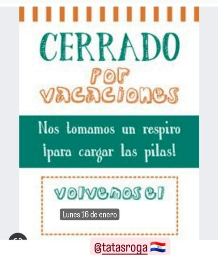 golazotropical1's tweet photo. A nuestra #distinguida #clientela y #amigos comunicamos que desde este 5 de enero no atenderemos, para tomarnos unas breves #vacaciones
Volveremos a atenderlos, con el placer de siempre, desde el lunes 16 de enero, con las #deliciosas #empanadas que tanto gustan.
#TatasRóga🇵🇾 https://t.co/yaVcyVOjgQ