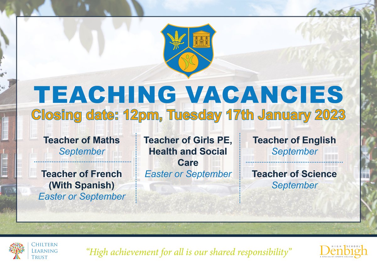 📢Our teaching vacancies are live now! 
 A brilliant opportunity to join our thriving and happy learning community in the heart of Luton. 
Closing date for all vacancies: Tuesday 17th January 2023 @ 12pm. mynewterm.com/school/Denbigh…