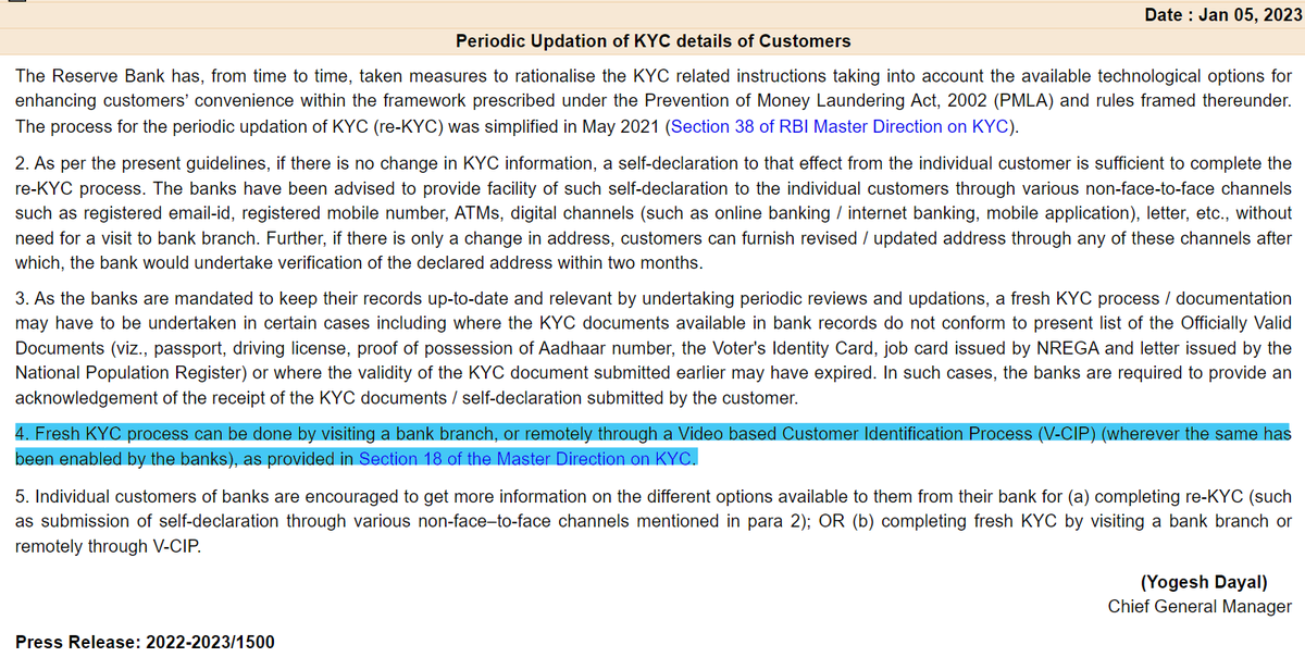financepost_in's tweet photo. In order to simplify the process of Fresh KYC.

@RBI  has permitted the Customers to complete the process of Fresh KYC by either 

Visiting  the Bank Branch

OR

Remotely via Video-Based Customer Identification Process (V-CIP)

#KYC #RBI #VCIP #Bank https://t.co/CZxU1EIFKk