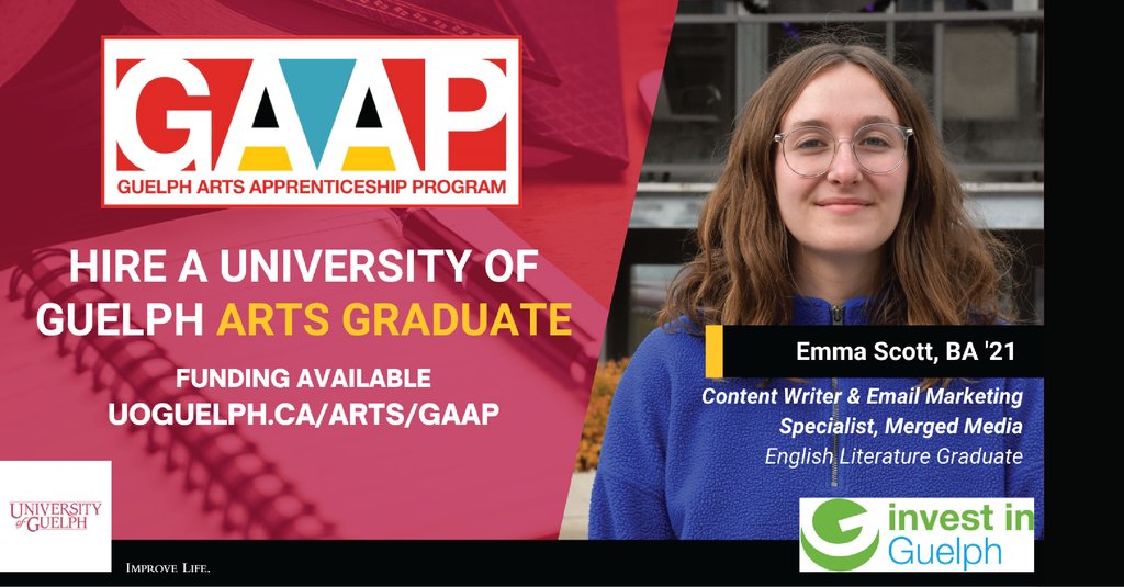 Are you looking to expand your team and contribute to our community by hiring locally? 📍

GAAP is a one year paid, professional experience for graduating College of Arts students that provides mentorship and skill development.🎓 Want to find out more?
uoguelph.ca/arts/gaap