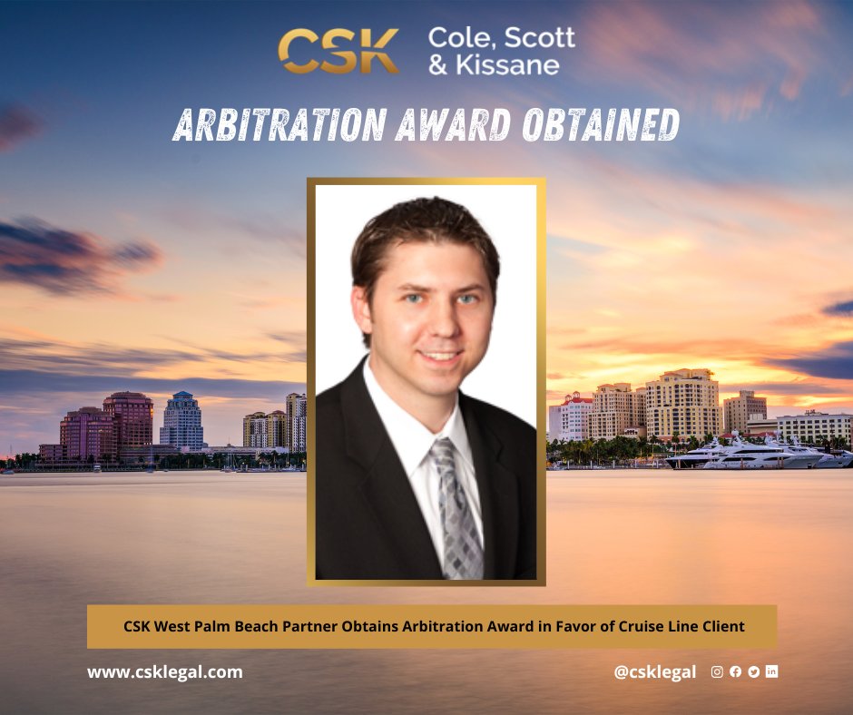 CSKLegal's tweet photo. Partner Justin Sorel obtained arbitration award in favor of Respondent, a cruise line. Arbitrator agreed this case was brought against the wrong party.
Read more: https://t.co/BdaeCY9nD3
#CSKVictory #FloridaLargestDefenseFirm #FloridaTrialAttorneys #FloridaInsuranceAttorneys https://t.co/EFnF0UGl4I
