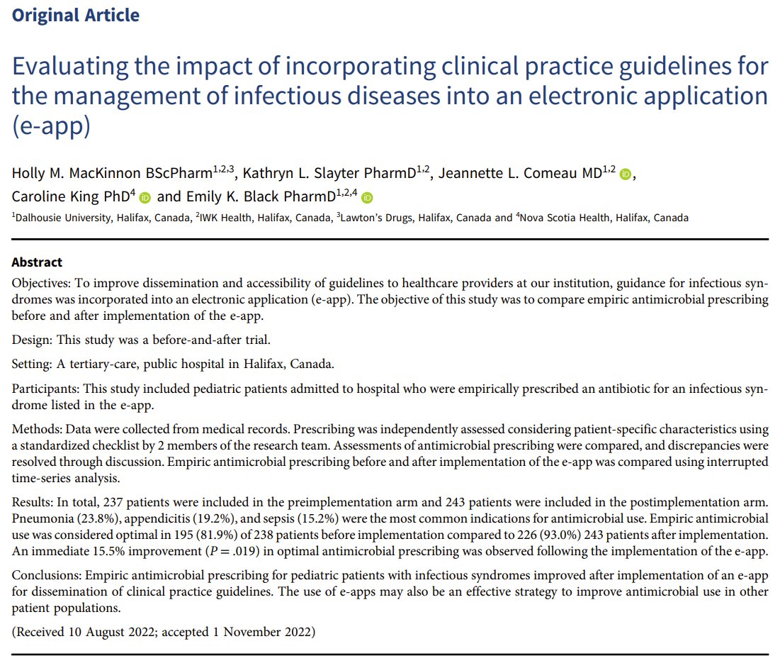 ICHEJournal's tweet photo. New this week from @blackemk and colleagues:

➡️ Authors find empiric antimicrobial prescribing for pediatric patients with infectious syndromes improved after implementation of an e-app for dissemination of clinical practice guidelines

📄: https://t.co/Pky2pPtvzv https://t.co/3s3Xa36itp