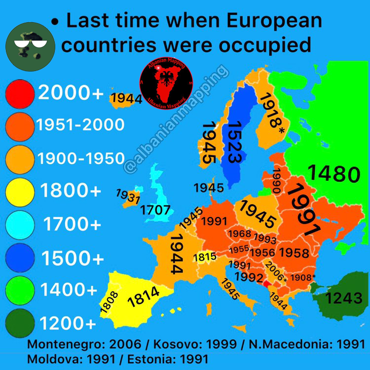 valaneymapper's tweet photo. 1. The Americas by date of independence
2. Last time when European countries were occupied
#maps #map #geography #cartography #mapping #travel #europe #america #history #world #mapart #vintage #cartografia #gis #earth #mapas #mapmaker #worldmap #mapstagram #geografia #design https://t.co/ItGhfCeuVR