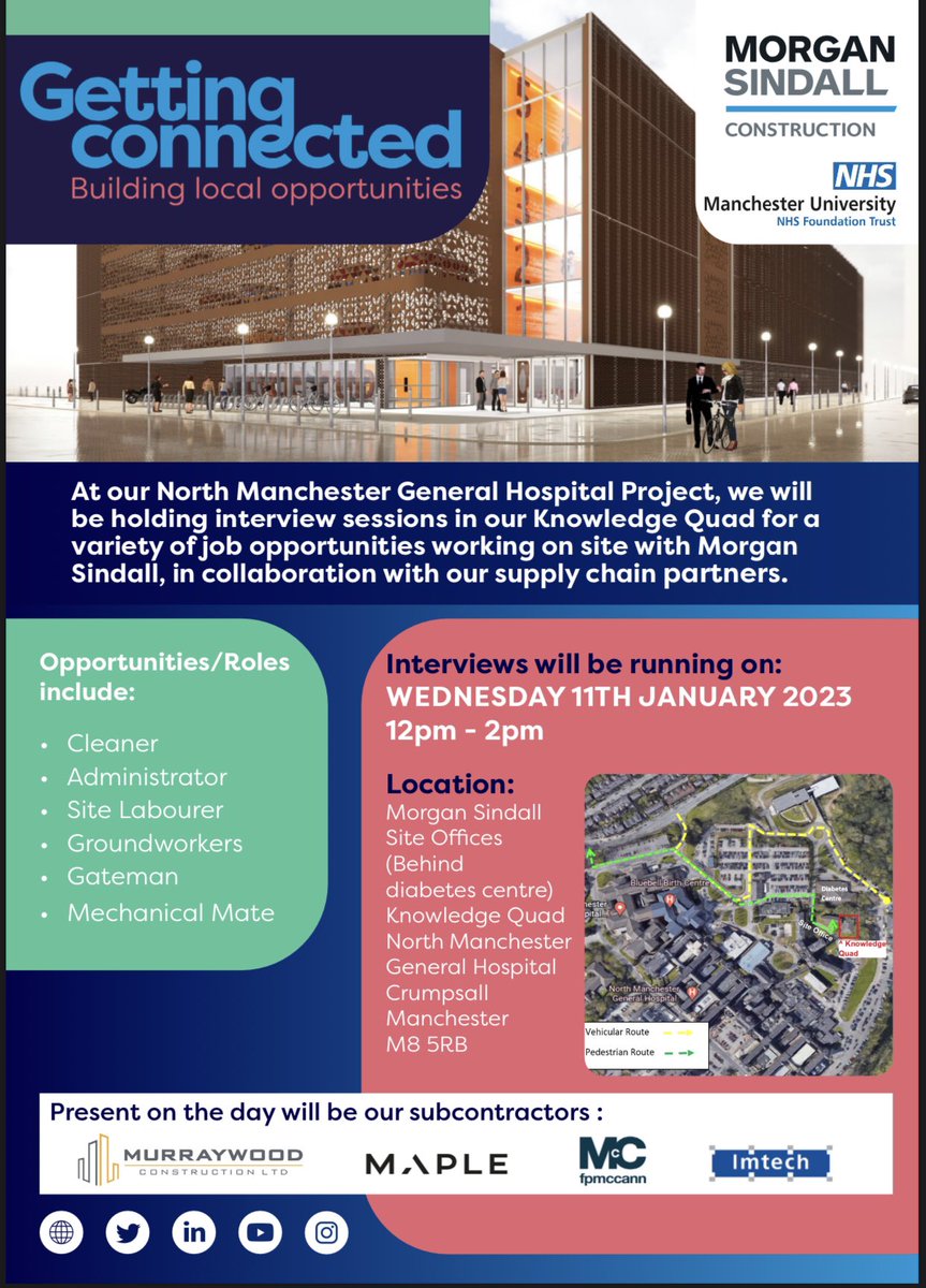 On the 11th of January there will be an interview event at Morgan Sindall’s Knowledge Quad based on the North Manchester Hospital site. 

There a a lot of opportunitie, so if you interested come along on the day. Good luck

See flyer for more details and location