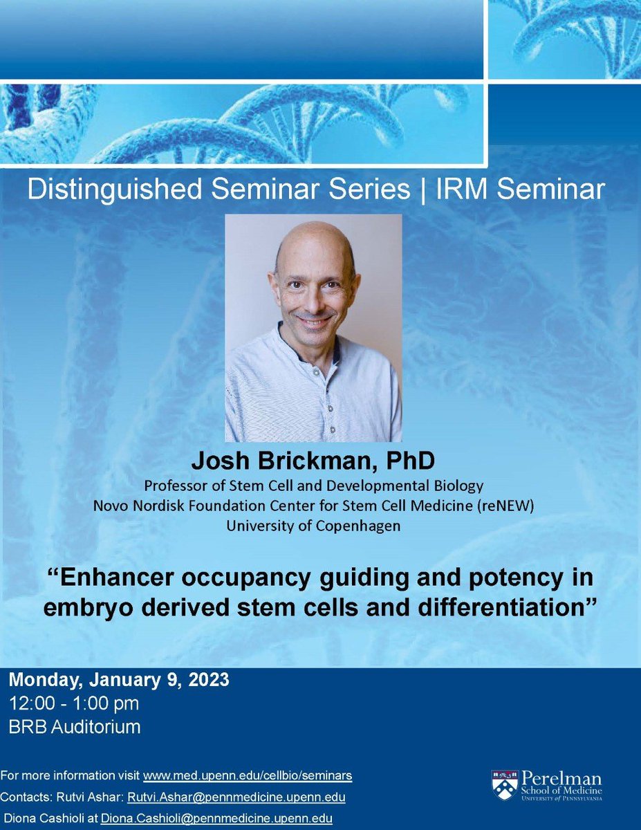 Please join us on Monday (1/9) at noon for an IRM-sponsored Distinguished Seminar Series with @josh_brickman “Enhancer occupancy guiding and potency in embryo derived stem cells and differentiation”