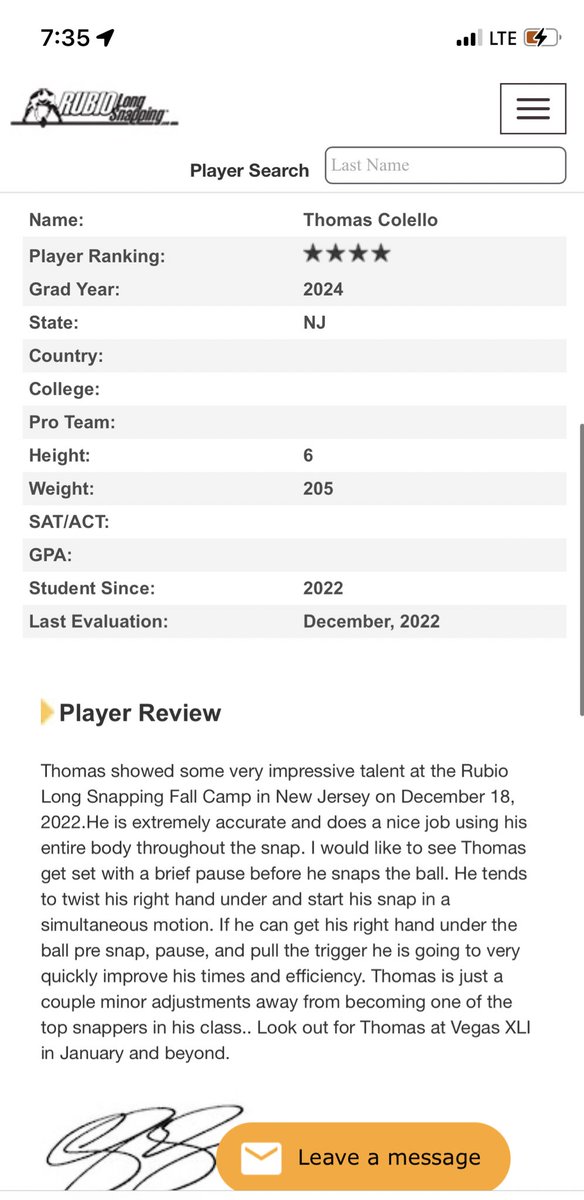 Thankful to have received a 4 ⭐️ rating after my first Rubio Long Snapping Camp. Thanks to <a href="/TheChrisRubio/">Rubio Long Snapping®</a> for a great camp and review. The work doesn’t stop!
@LoganARager1