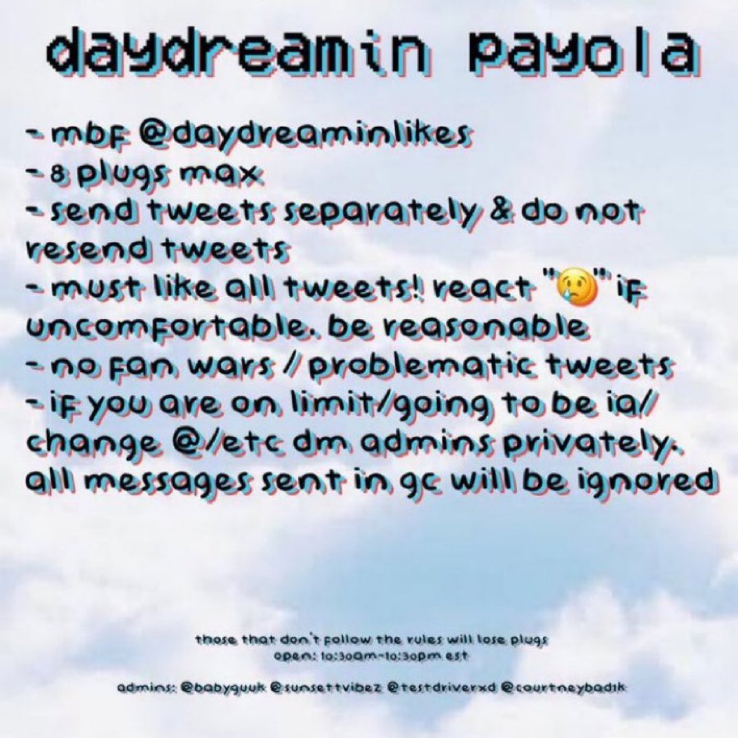 RECRUITING ACTIVE MEMBERS FOR DAYDREAMIN PROMO / PAYOLA / HYPE GC  

✶ retweet &amp; reply to be added
✶ 60+ likes guaranteed
✶ all fandoms welcomed 
✶ don’t join if ia
✶ MUST BE FOLLOWING <a href="/daydreaminlikes/">daydreamin likes</a> 

— adding to wait list first, then adding to main gc in 24 hrs