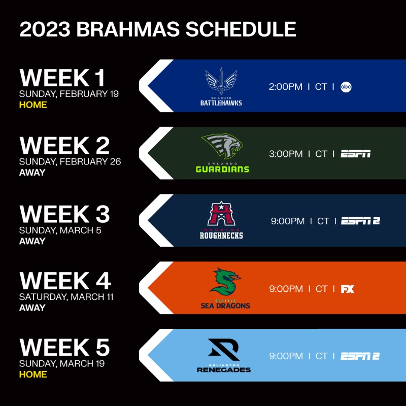 UFLBrahmas's tweet photo. We rise together. We rock forever.

🤘 OUR 2023 SCHEDULE IS HERE 🤘