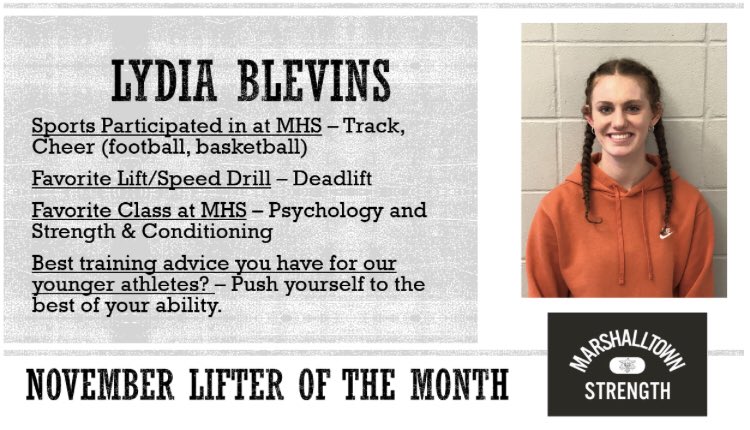 MarshalltownSc's tweet photo. Congrats Lydia on being one of our lifters of the month! Keep up the good work! #HaveIntent https://t.co/pEk0irn9Ui