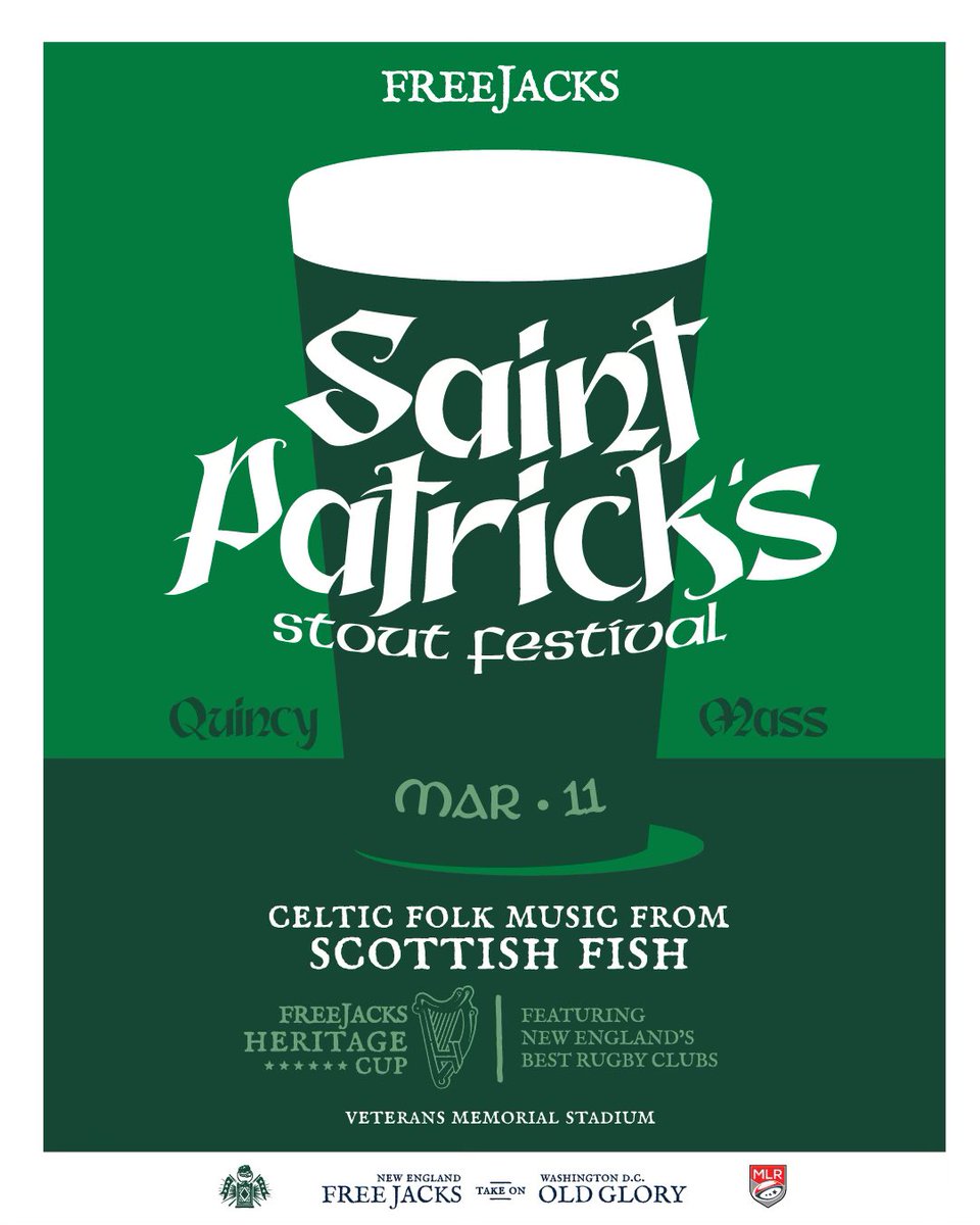 NEFreeJacks's tweet photo. 🐎//🍀 Join us March 11th for our St. Patrick’s Day Stout Festival home opener!

🎶 Live Celtic music from @scottishfishfid 

🏉 The Heritage Cup tournament featuring New England’s rugby clubs 

🍻 Stout Beer Festival

🏟️ Free Jacks take on @oldglorydc 

https://t.co/qAq7YTwdLt https://t.co/1NaV5MneDK