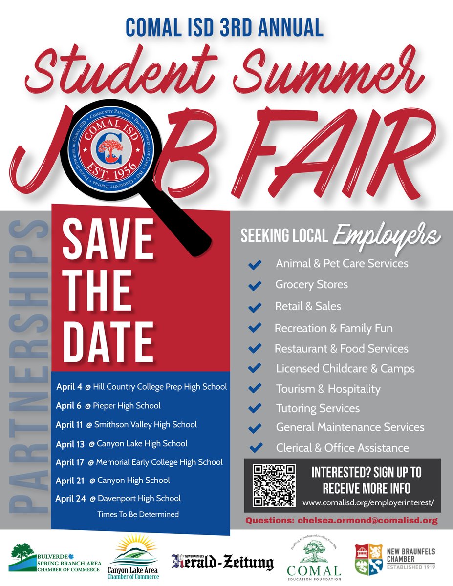 CisdCPN's tweet photo. 📢 Local Employers 📢 Save the date for CISD's Student Summer Job Fair. Looking to hire students this summer? Access a diverse talent pool with a wide range of qualifications and abilities. Click here for more info: https://t.co/Me2tM2RfCf https://t.co/fHKSmnpoK4