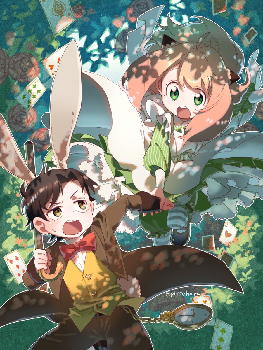 anya (spy x family) ,white rabbit (alice in wonderland) 1girl 1boy green eyes pocket watch cosplay female child watch  illustration images