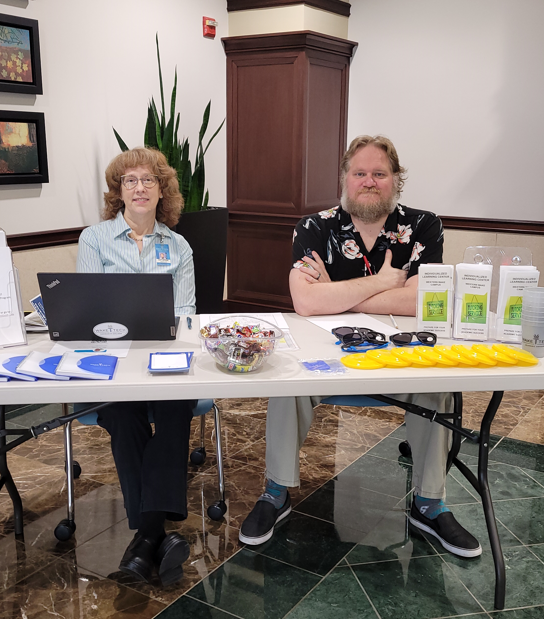 Katy Hoffler, Campus Librarian and James Strickland, ILC Site Coordinator, are welcoming students to the #WakeTech Western Campus.