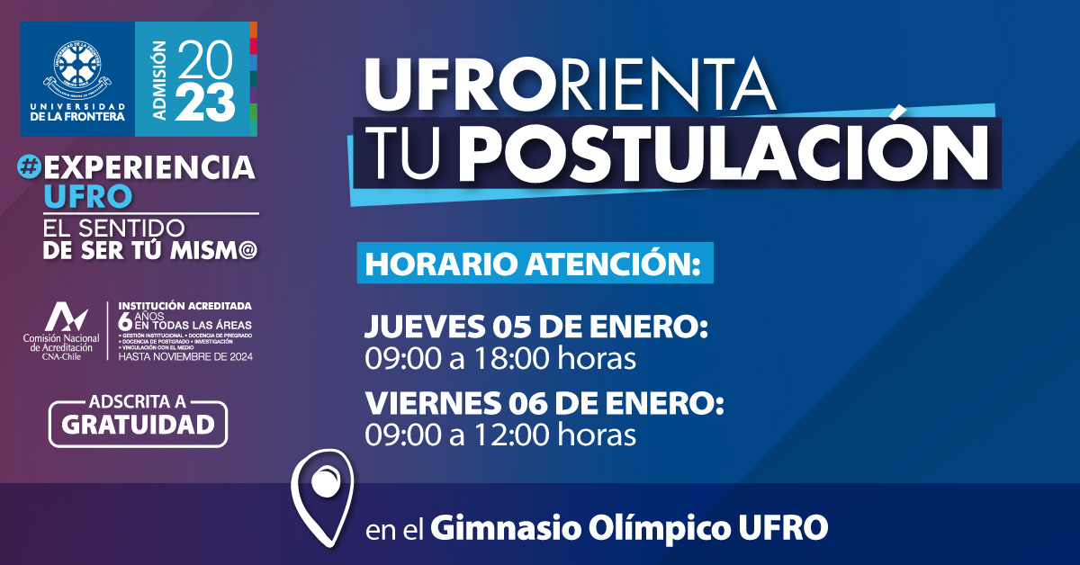 UFrontera's tweet photo. ¡Te esperamos hoy! 😍 Ven al apoyo a las postulaciones, feria de carreras, y orientación vocacional hasta las 18:00 horas en el Gimnasio Olímpico UFRO💙. #postulación2023 #ufro #admisión2023 #ufrorienta #experienciaufro https://t.co/WGjdcMVHj3